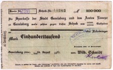 Banknoten Deutsches Notgeld und KGL Gevelsberg i.W
Wilh. Schmidt, Eisengießer und Schlosserei. 100.000 Mark 24.8.1923, Scheck auf Sparkasse der Stadt...