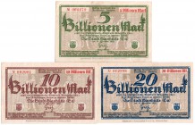 Banknoten Deutsches Notgeld und KGL Glashütte, Sachsen
Stadt. 5, 10, 20 Bio. Mark 15.11.1923.
II-III