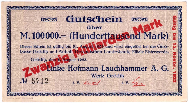 Banknoten Deutsches Notgeld und KGL Gröditz
Linke-Hofmann-Lauchhammer A.G. 20 M...