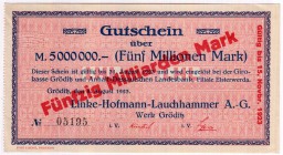 Banknoten Deutsches Notgeld und KGL Gröditz
Linke-Hofmann-Lauchhammer A.G. 50 Mrd. Mark o. Datum - 15.11.1923. Überdruck auf 5 Mio. Mark vom 8.8.1923...