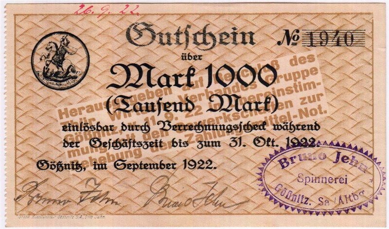 Banknoten Deutsches Notgeld und KGL Gößnitz
Bruno Jehn Spinnerei. 1000 Mark, Se...