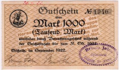 Banknoten Deutsches Notgeld und KGL Gößnitz
Bruno Jehn Spinnerei. 1000 Mark, September 1922 - 31. Okt. 1922. Am oberen Rand links 26.9.22 handschrift...