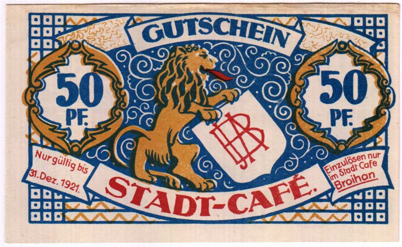 Banknoten Deutsches Notgeld und KGL Hamburg
Stadt - Cafe Broihan, 50 Pf. ohne D...