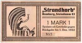 Banknoten Deutsches Notgeld und KGL Hamburg
Strandkorb, Steindamm 83, 1 Mark ohne Datum-1.12.1922.
I-II