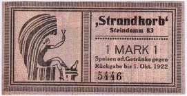 Banknoten Deutsches Notgeld und KGL Hamburg
Strandkorb, Steindamm 83, 1 Mark ohne Datum, gültig bis 1.10.1922.
I-