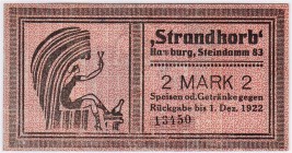 Banknoten Deutsches Notgeld und KGL Hamburg
Strandkorb, Steindamm 83, 2 Mark ohne Datum, gültig bis 1.12.1922.
I-
