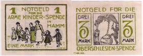 Banknoten Deutsches Notgeld und KGL Hamm
Bürgerschützenverein, 2 Scheine: 1 Mark und 3 Mark 6./7.2.1921.
II