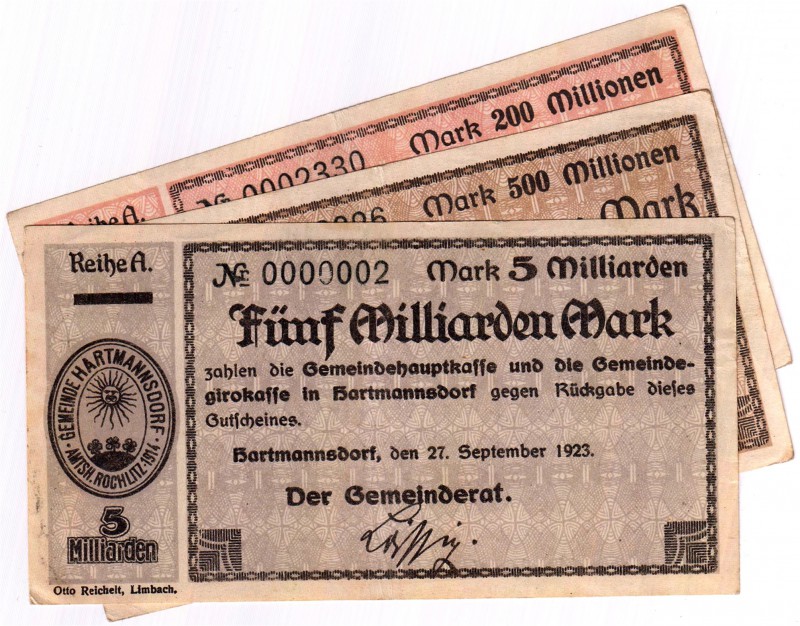 Banknoten Deutsches Notgeld und KGL Hartmannsdorf
Gemeinderat, 3 Scheine: 200, ...