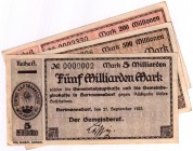 Banknoten Deutsches Notgeld und KGL Hartmannsdorf
Gemeinderat, 3 Scheine: 200, 500 Mio. Mark, 5 Mrd. Mark 27.9. 1923. II-III