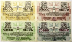 Banknoten Deutsches Notgeld und KGL Hattingen
4 Notgeldscheine Katholische Kirchengemeinde: 10, 25, 50 und 75 Tausend Mark, Peter und Paul 1923 - 31....