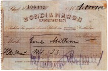 Banknoten Deutsches Notgeld und KGL Heidenau-Nord
Berlin-Burger Eisenwerk A.G. Bierling-Werke. 1 Mio. Mark 10.8.1923. Scheck auf Bondi & Maron Dresde...