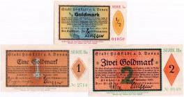 Banknoten Deutsches Notgeld und KGL Höchstadt
Stadt, 3 Scheine: 1/2 Gold Mark, 1 Gold Mark und 2 Gold Mark 26.11.1923 -1.5. 1924.
I-II