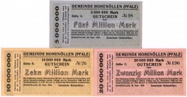 Banknoten Deutsches Notgeld und KGL Hohenöllen
Gemeinde, 3 Scheine: 5 Mio. Mark, 10 Mio. Mark und 20 Mio. Mark 24.9.1923 - 31.12.1923.
I-II