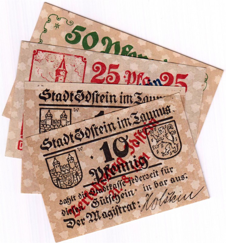 Banknoten Deutsches Notgeld und KGL Idstein
4 Scheine. 2 X 10 Pf., 25 Pf., 50 P...