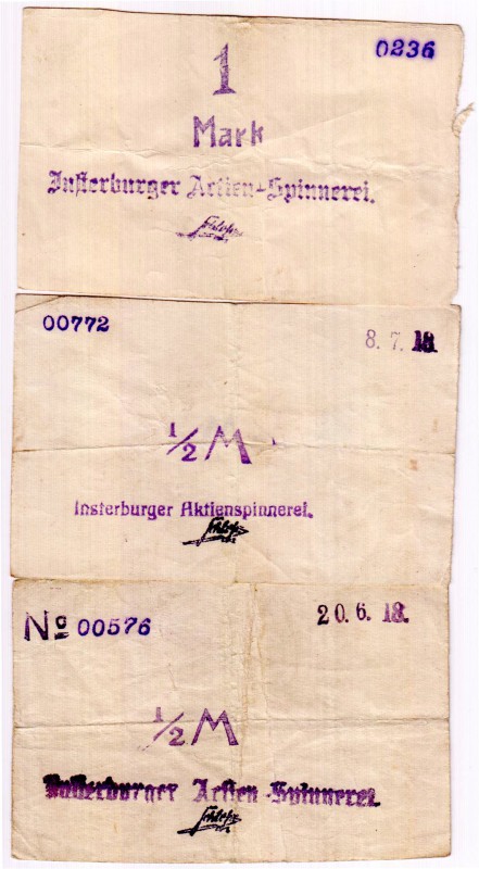 Banknoten Deutsches Notgeld und KGL Insterburg
Aktien-Spinnerei, 3 Scheine: 2 X...