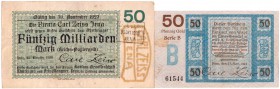 Banknoten Deutsches Notgeld und KGL Jena
Carl Zeiss, 50 Mrd. Mark 26.10.1923-30.11.1923, 50 Goldpfennig Serie B. 27.11.1923-31.12.1923.
III