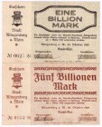 Banknoten Deutsches Notgeld und KGL Klingenberg
2 Scheine: 1 Billion und 5 Billionen Mark 29.10.1923. II-III