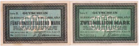 Banknoten Deutsches Notgeld und KGL Köln
Silbermann & Co. GmbH, Möbelfabrik, 2 Scheine: 500.000 Mark Serie B und 2 Millionen Mark Serie C.
III