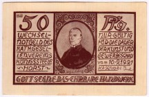 Banknoten Deutsches Notgeld und KGL Königssteele-Horst
50 Pf. 10.-21.9.1921.
III, am unteren Rand kleine Farbflecken