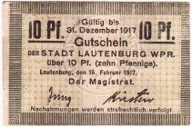 Banknoten Deutsches Notgeld und KGL Lautenburg
10 Pfennig 15.2.1917- 31.12.1917.
II