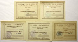 Banknoten Deutsches Notgeld und KGL Meiningen
Deutsche Reichsbahn Stationskasse, 5 Scheine: 3 X 100.000 Mark, 500.000 Mark 12.08.1923 und 500.000 Mar...