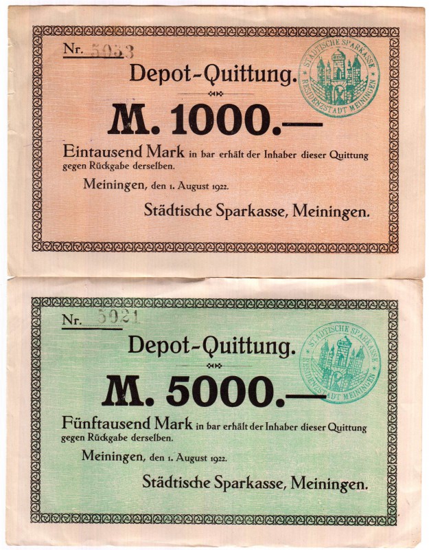 Banknoten Deutsches Notgeld und KGL Meiningen
2 Scheine: 01.08.1922 Städtische ...