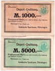 Banknoten Deutsches Notgeld und KGL Meiningen
2 Scheine: 01.08.1922 Städtische Sparkasse. 1000 und 5000 Mark, ohne Unterschrift.
III