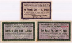 Banknoten Deutsches Notgeld und KGL München
Dresdner Bankfiliale, 3 Scheine: 42 Pf. Gold KN. schwarz und 2 X 1,05 Mark Gold KN. schwarz und rot 8.11....