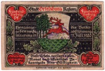 Banknoten Deutsches Notgeld und KGL Ortelsburg
Stadt: 1 Million Mark, grüner Aufdruck auf 75 Pf., 11.7. 1921. III-IV