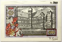 Banknoten Deutsches Notgeld und KGL Osterwieck
500 Mark Lederbaustein mit Ausgabetasche (hellblau), KN: 399 und Unterschrift "Rabel". II, etwas anges...