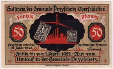 Banknoten Deutsches Notgeld und KGL Przyschetz
Gemeinde, 50 Pfennig 1921-1.4. 1922. Gültigkeit verlängert bis 1.6.1922 mit rotem Stempel.
I-II