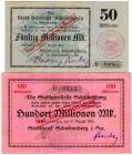 Banknoten Deutsches Notgeld und KGL Scheibenberg
Stadtbank. 50, 100 Mio. Mark 8.8.1923, Schecks aus Stadtgirokasse.
III