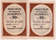Banknoten Deutsches Notgeld und KGL Schobüll
2 X 50 Pf., Juni 1921. I-II
