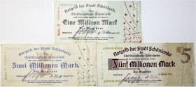 Banknoten Deutsches Notgeld und KGL Schönlanke
Stadt, 3 Scheine: 1, 2, 5 Mio. Mark, 25.8 1923. Wz. Karomuster.
III