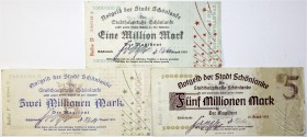 Banknoten Deutsches Notgeld und KGL Schönlanke
Stadt, 3 Scheine: 1, 2, 5 Mio. Mark, 25.8 1923. Wz. Karomuster.
III