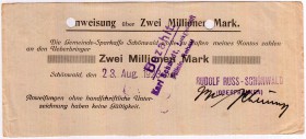 Banknoten Deutsches Notgeld und KGL Schönwald
Oberfranken, Gemeinde-Sparkasse, 2 Mio. Mark 23.8.23. Aussteller Rudolf Russ.
III, lochentwertet