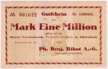 Banknoten Deutsches Notgeld und KGL Schwabach
Ph. Benj. Ribot A.G. Seifenfabrik, 1 Mio. Mark 1923. Blanco.
I-