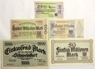 Banknoten Deutsches Notgeld und KGL Schweinfurt
5 bessere Notgeldscheine: 1000 Mark 13.10.1922, 500 Mrd. Mark o.J. mit UNGÜLTIG-Perforation, 0,42 Mar...