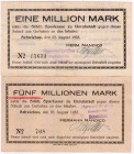 Banknoten Deutsches Notgeld und KGL Schwiebus
Schecks auf Stadtische Sparkasse Unruhstadt. 1, 5 Mio. Mark 23.8.23.
III