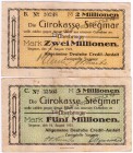 Banknoten Deutsches Notgeld und KGL Siegmar (Sachsen)
Allgemeine Deutsche Credit-Anstalt. 2, 5 Mio. Mark 16.8.1923, Schecks auf Girokasse.
III