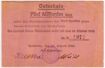 Banknoten Deutsches Notgeld und KGL Sprottau
Der Magistrat. 5 Mrd. Mark, 10.8.1923-31.10. 1923. III, Loch im Prägestempel