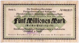 Banknoten Deutsches Notgeld und KGL Steudnitz bei Dornburg/Saale
Portland Zement- und Kalkwerke o. Datum. Gültig bis 30.11.1923 Ollendorf + Lewin, 5 ...