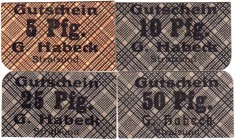 Banknoten Deutsches Notgeld und KGL Stralsund
Gustav Habeck. 4 Scheine gedruckt auf deutschen Karten-großkariert: 5 Pf. (schwarz auf hellbraun), 10, ...