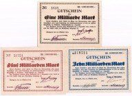 Banknoten Deutsches Notgeld und KGL Stuttgart
3 Scheine: Lang & Bumiller. 1, 5, 10 Mrd. Mark 26.10.1923-1.12.1923.
I-II