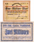 Banknoten Deutsches Notgeld und KGL Waldfischbach
Gebrüder Stöss Schuhfabrik. 2 Scheine: 1 Mio. Mark und 2 Mio. Mark 23.8.1923.
III-