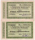 Banknoten Deutsches Notgeld und KGL Walsrode
Wolff & Co., 2 X 5 Mrd. Mark, 24./25.10.1923.
II, kl. Flecken