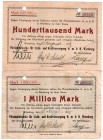 Banknoten Deutsches Notgeld und KGL Wernberg
2 Scheine: Pfreimdtalwerke für Licht -und Kraftversorgung G.m.b.H.. 100 Tsd., 1 Mio. Mark 15.8.23. Loche...