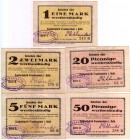 Banknoten Deutsches Notgeld und KGL Zadel
Zuckerfabrik Frankenstein, 5 Scheine: 20, 50 Pfg. 1, 2, 5 Mark, Wertbeständig 28.11.1923.
II-III-