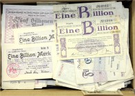 Banknoten Lots Deutschland
Ca. 600 Inflationsscheine Schlesien. Darunter 2X1 Billion Reihe A+B, 2X1 Billion Ohlau. Dazu ca. 2000 Scheine Nieder-Herms...