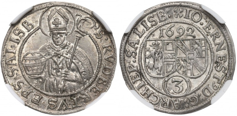 Austria, Salzburg, Bishopic of, 3 kreuzer 1692 - NGC MS64 Piękny, menniczy egzem...